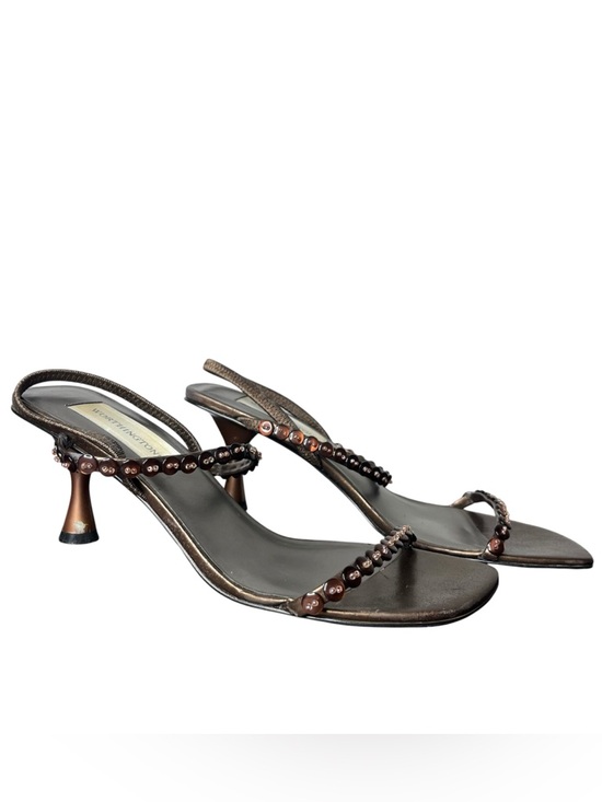 Vintage Shoes - Vintage Brown Bronze Button Embellished Strappy Slingback Kitten Heels